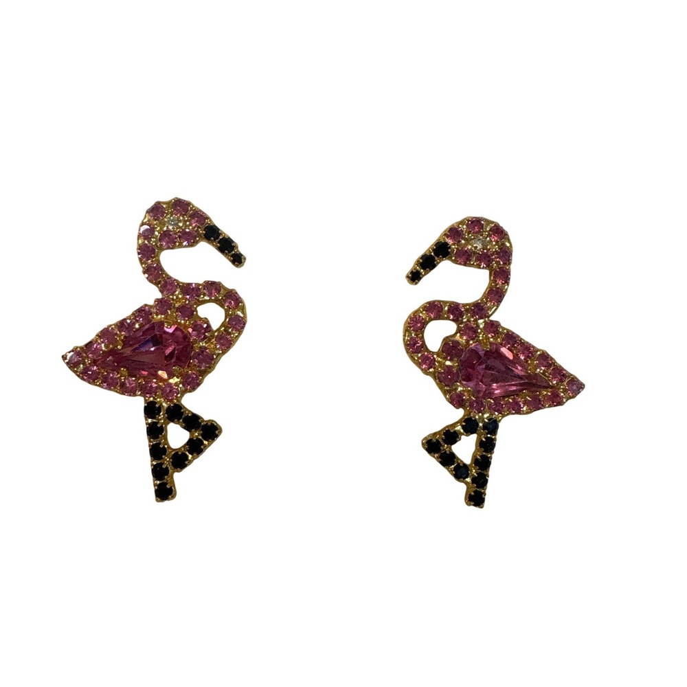 Bauer Vintage Pink Rhinestone Flamingo Clip On Earrings Gold Tone‎ Tropical